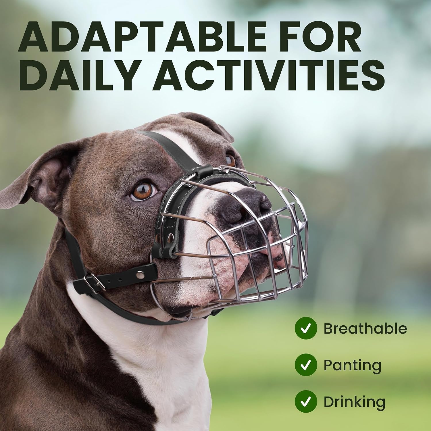 Pitbull Dog Muzzle Breathable Metal Basket for Large Dogs Amstaff Staffordshire Terrier Biting Chewing Barking (Leather, Black)