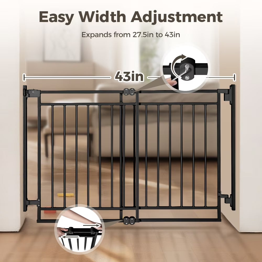 Pet Gate No Bottom Bar,  27.5-43" Pet Safety Gate for Stairs and Doorways, Black