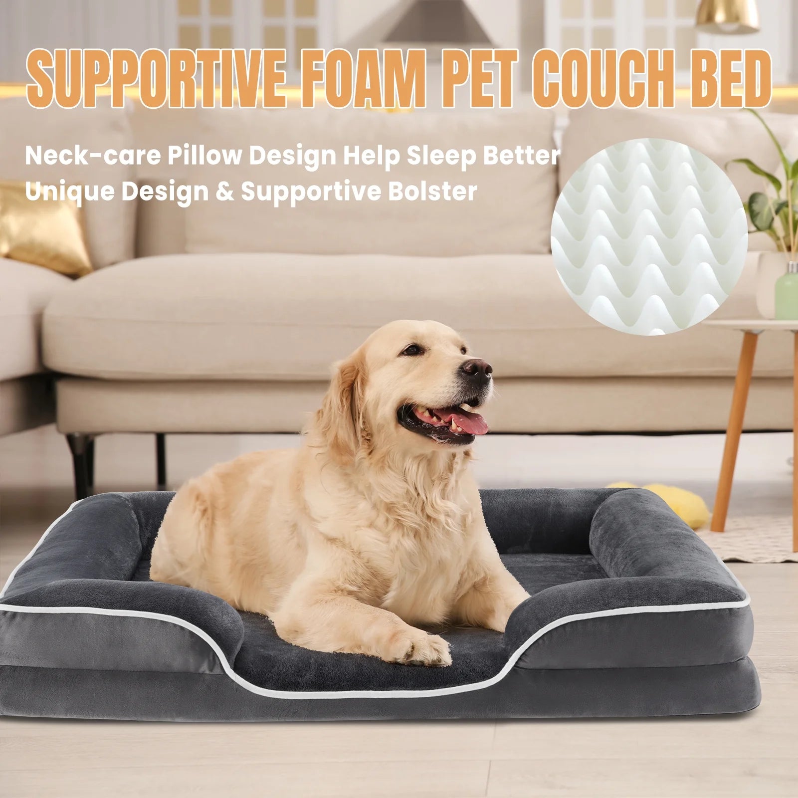 42"X32" Supportive Memory Foam Orthopedic Dog Bed, with Washable Removable Cover, Non-Slip Base, Waterproof, Gray