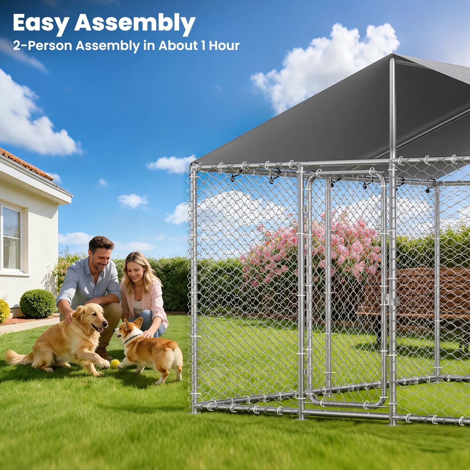 10X10Ft Outdoor Dog Kennel outside with Metal Large Dog Gate, Outdoor Dog Pens with Roof, Heavy Duty Dog Kennel for Backyard Farm Use