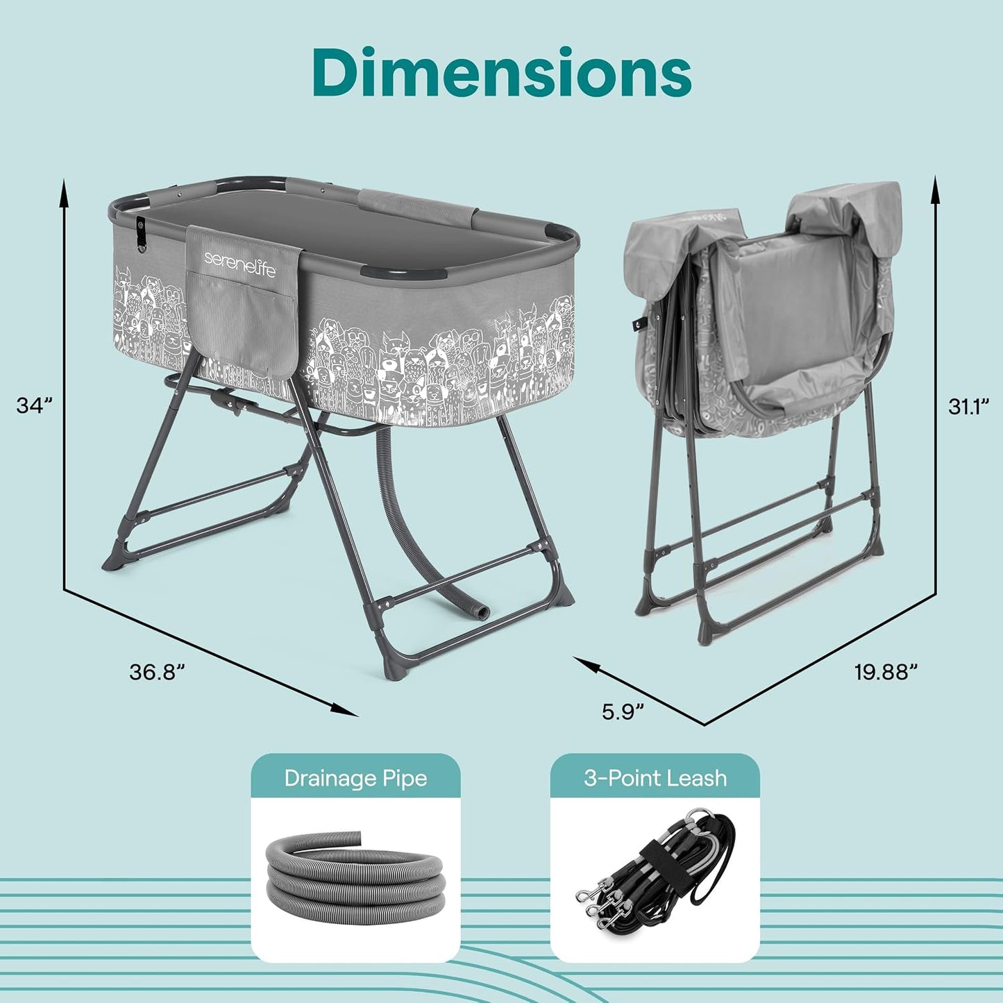 Foldable Dog Bath Tub with Adjustable Height, 360° Access, Drain Hose & Storage Pockets – 130 Lb Capacity Grooming Station for Indoor/Outdoor Use (Gray)
