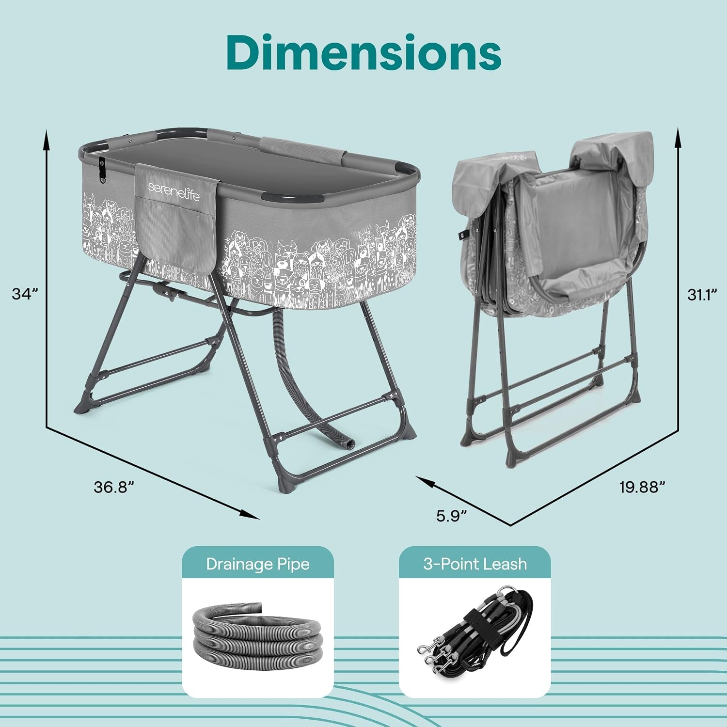 Foldable Dog Bath Tub with Adjustable Height, 360° Access, Drain Hose & Storage Pockets – 130 Lb Capacity Grooming Station for Indoor/Outdoor Use (Gray)