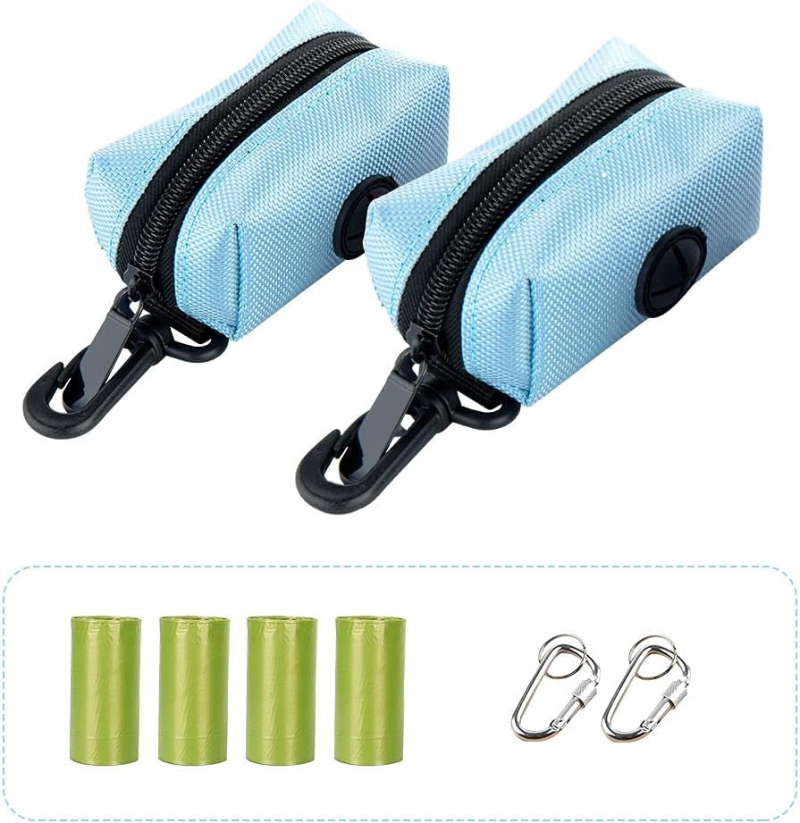 Dog Poop Bag Dispenser,2 Pack Poop Bag Holder Leash Attachment with Free Rolls Dog Poop Waste Bags and D-Ring- Lightweight & Soft, Great for Walking, Running Hiking (Bule)