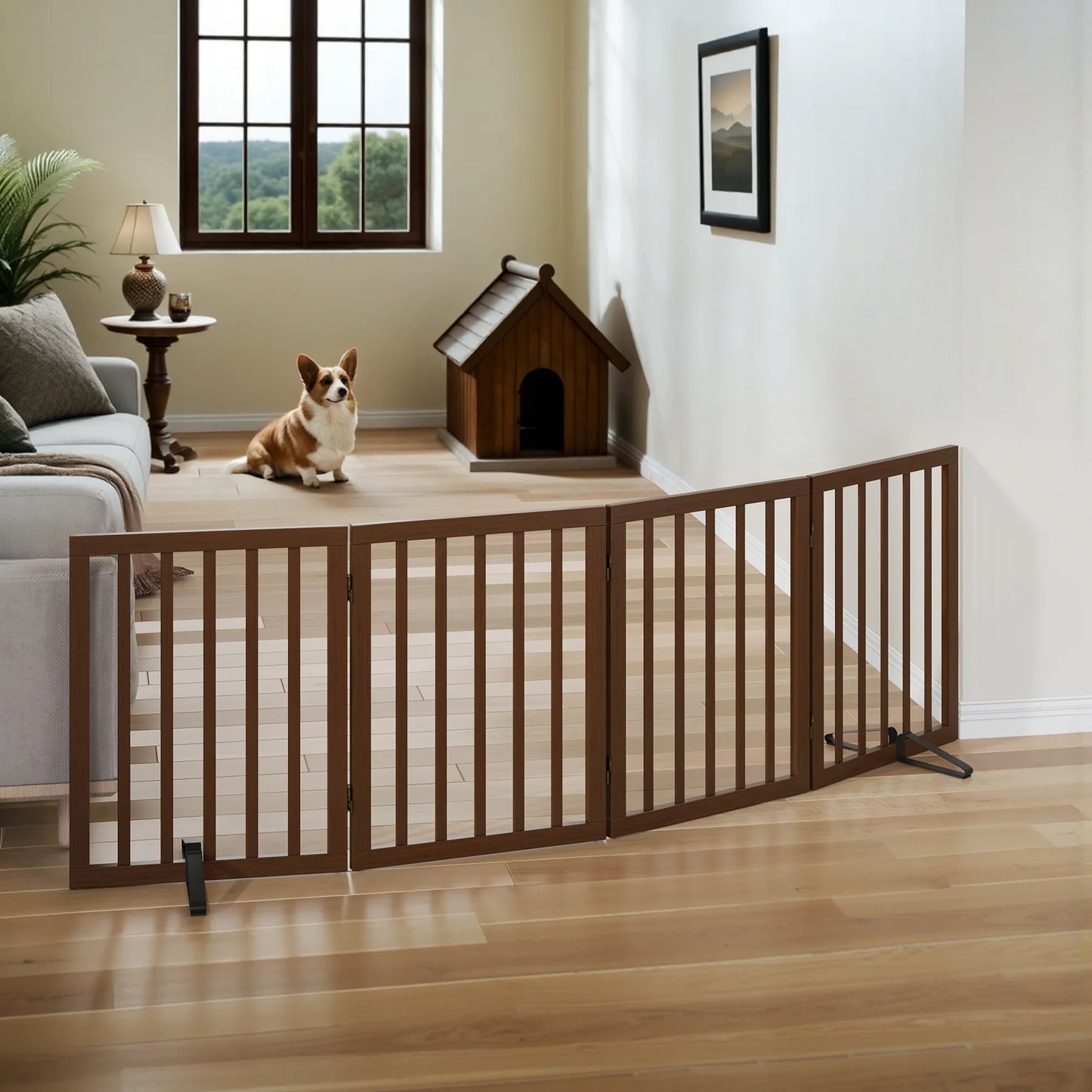 Bamboo Dog Gate Freestanding 4 Panel Pet Gate for Doorways, 2 Support Feet, Espresso