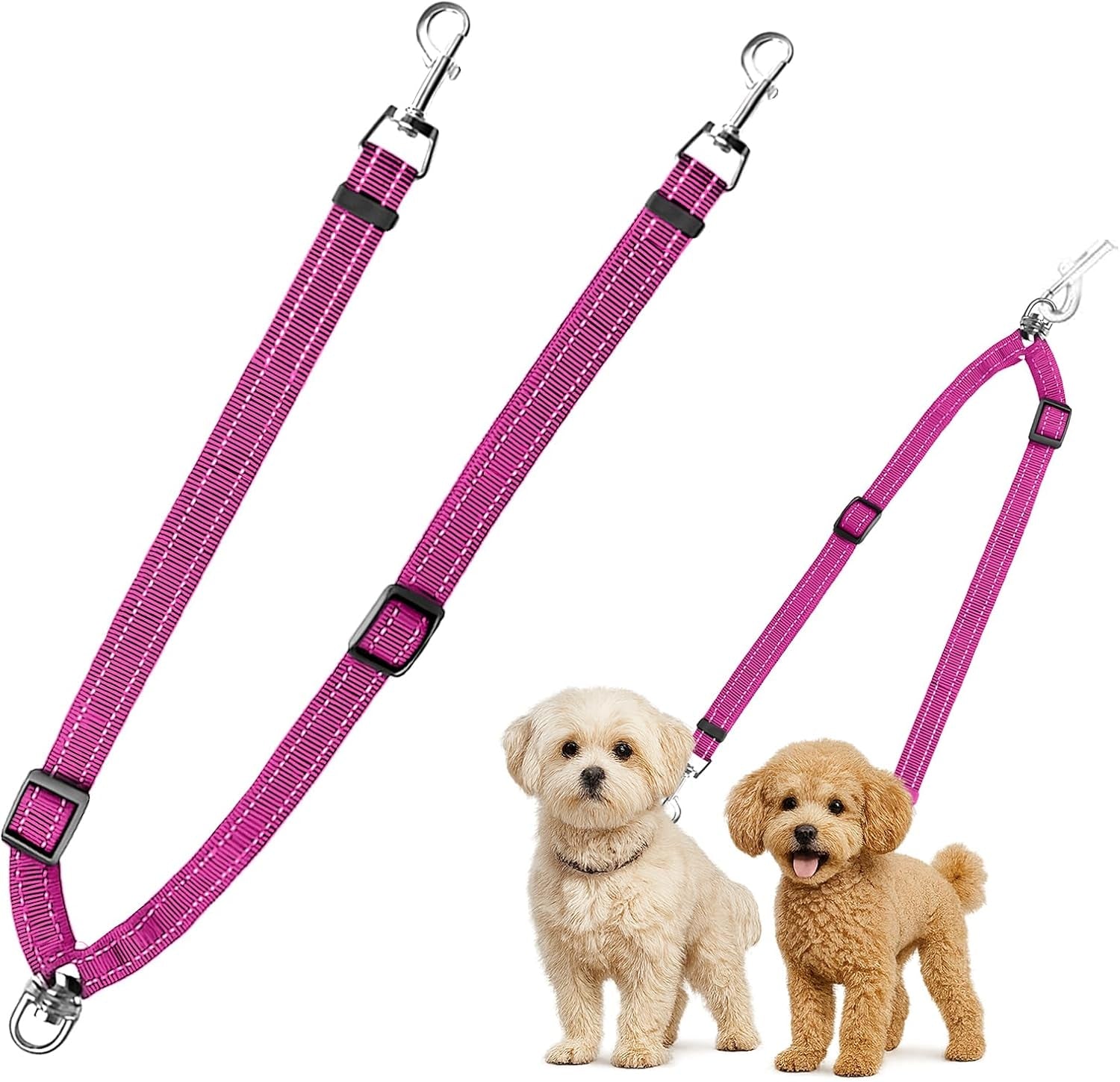 Mingxpet Double Dog Leash for Two Dogs, No Pull Dog Leash, 360° Swivel No Tangle for Small Dogs Walking & Training, Shock Absorbing Reflective Bungee, Rose
