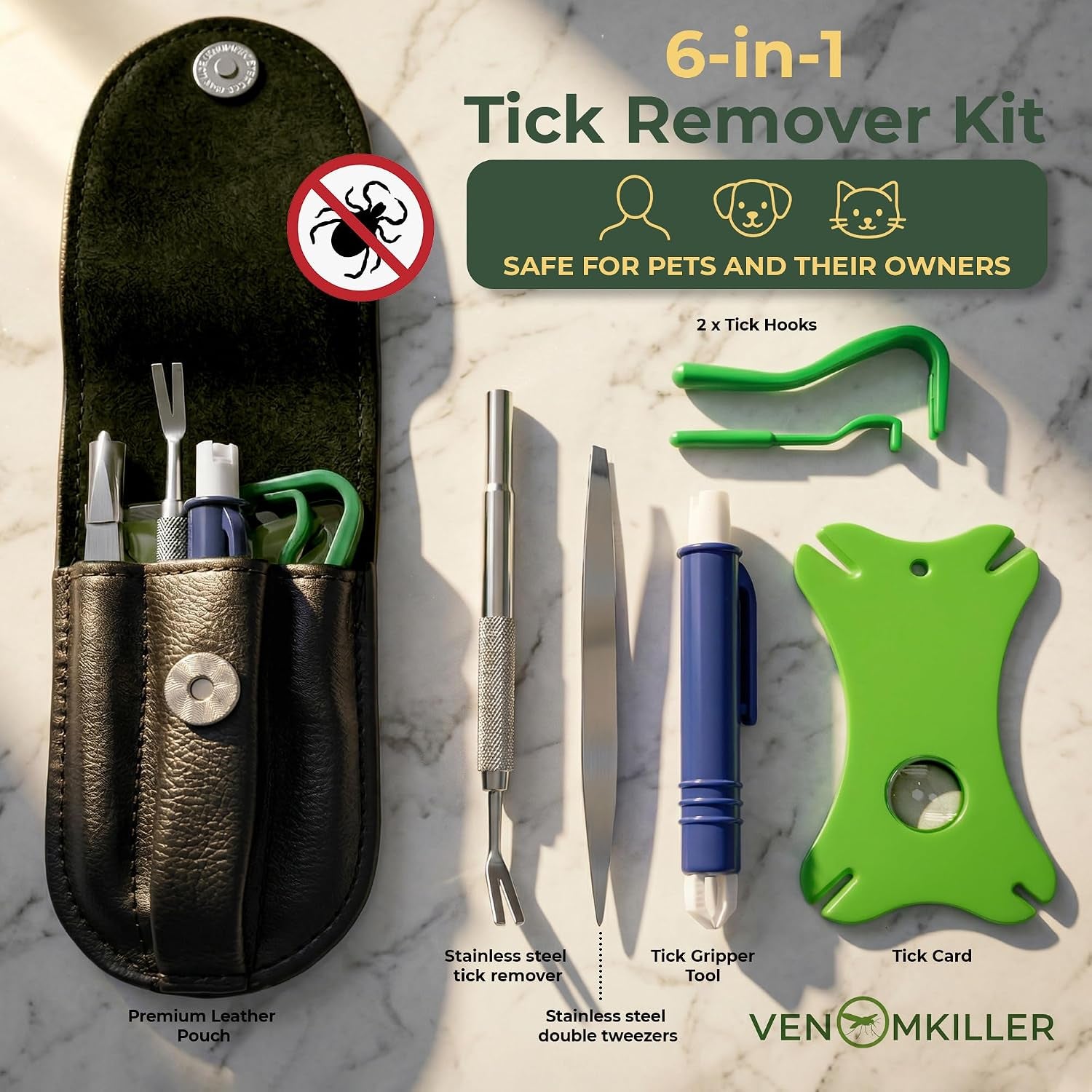 6-In-1 Tick Remover Kit – Tick Removal Tool Set with Stainless Steel Tick Tweezers, Tick Card, Hooks & Leather Case – Tick Remover for Dogs, Cats & Humans