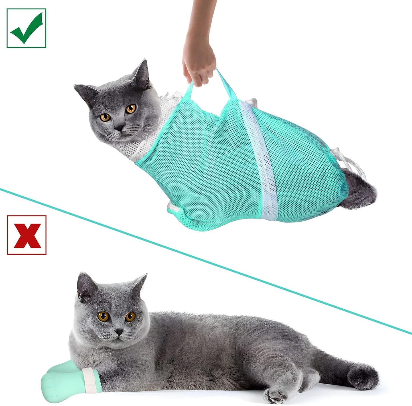 10 PCS Cat Washing Bag for Bath Shower Adjustable Net Grooming Set | Pet Brush Nail Clipper File, Hair Combs Tick Tool, Nail Caps, Bathing Trimming Examination, Pink and Green