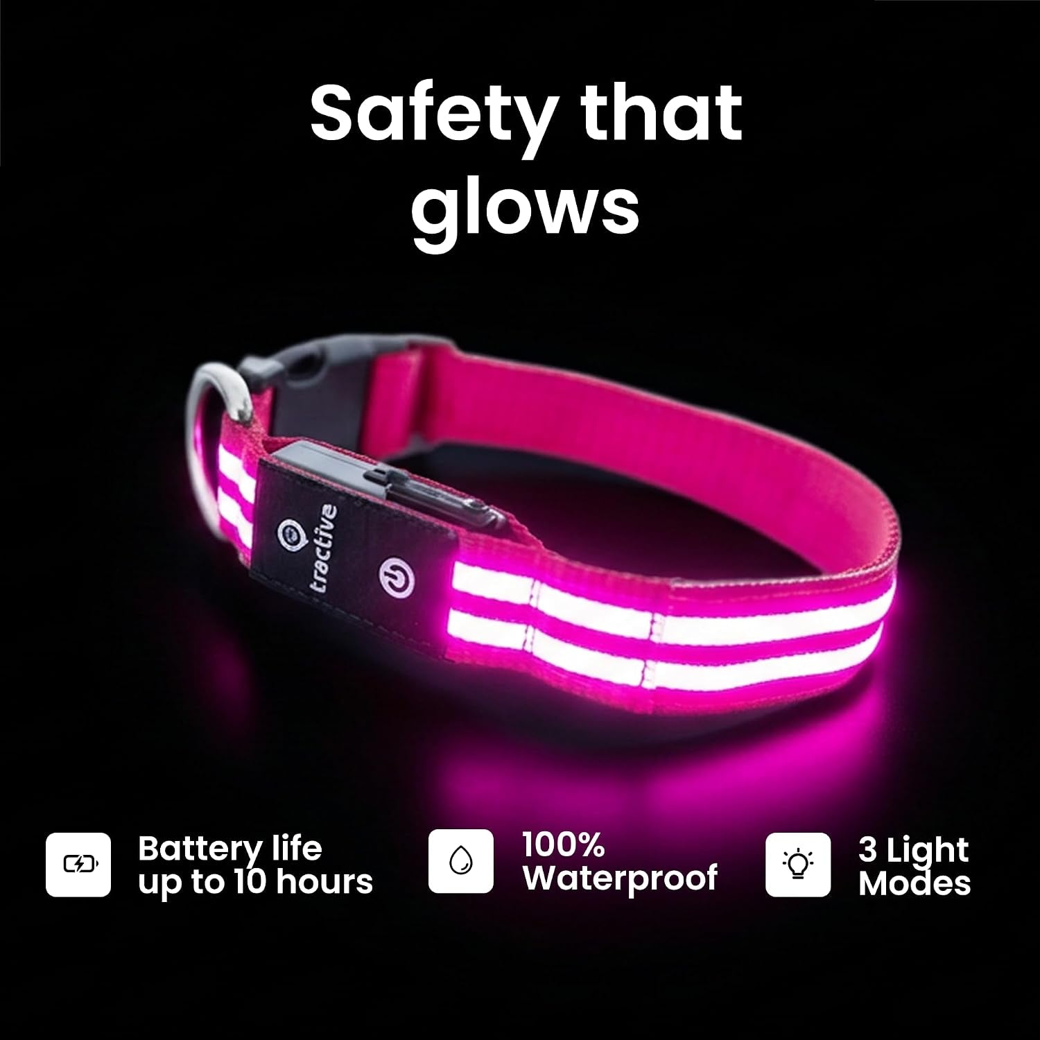 LED Light up Dog Collar USB Rechargeable Waterproof (Pink)