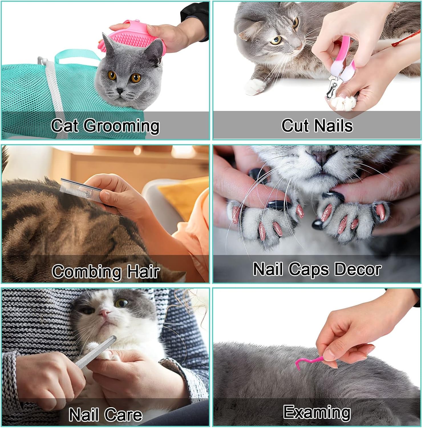 10 PCS Cat Washing Bag for Bath Shower Adjustable Net Grooming Set | Pet Brush Nail Clipper File, Hair Combs Tick Tool, Nail Caps, Bathing Trimming Examination, Pink and Green