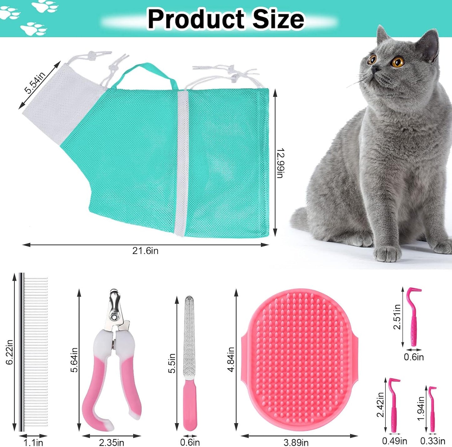 10 PCS Cat Washing Bag for Bath Shower Adjustable Net Grooming Set | Pet Brush Nail Clipper File, Hair Combs Tick Tool, Nail Caps, Bathing Trimming Examination, Pink and Green