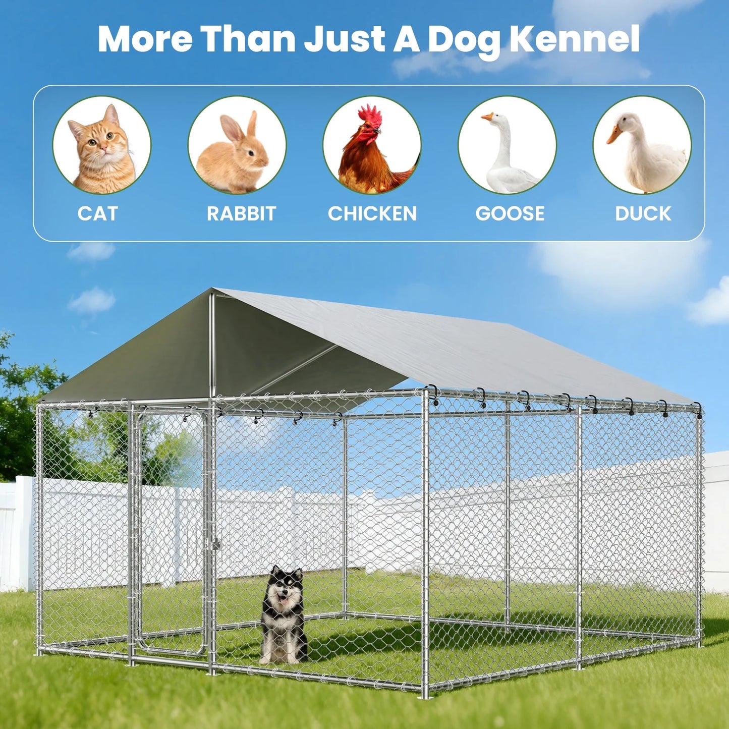 10X10Ft Outdoor Dog Kennel outside with Metal Large Dog Gate, Outdoor Dog Pens with Roof, Heavy Duty Dog Kennel for Backyard Farm Use