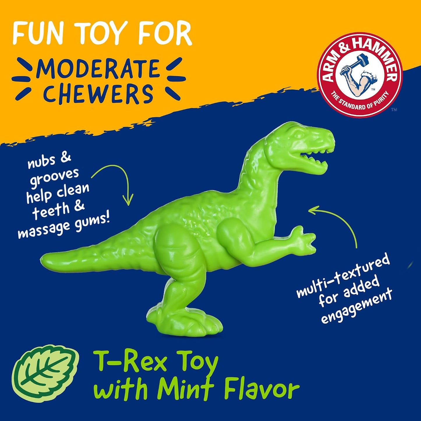 Nubbies Denta-Saurus T-Rex Dog Dental Chew Toy, Mint Flavor, for Moderate Chewers, Nylon, Reduces Plaque and Tartar without Brushing, Baking Soda Infused - 24 Pack