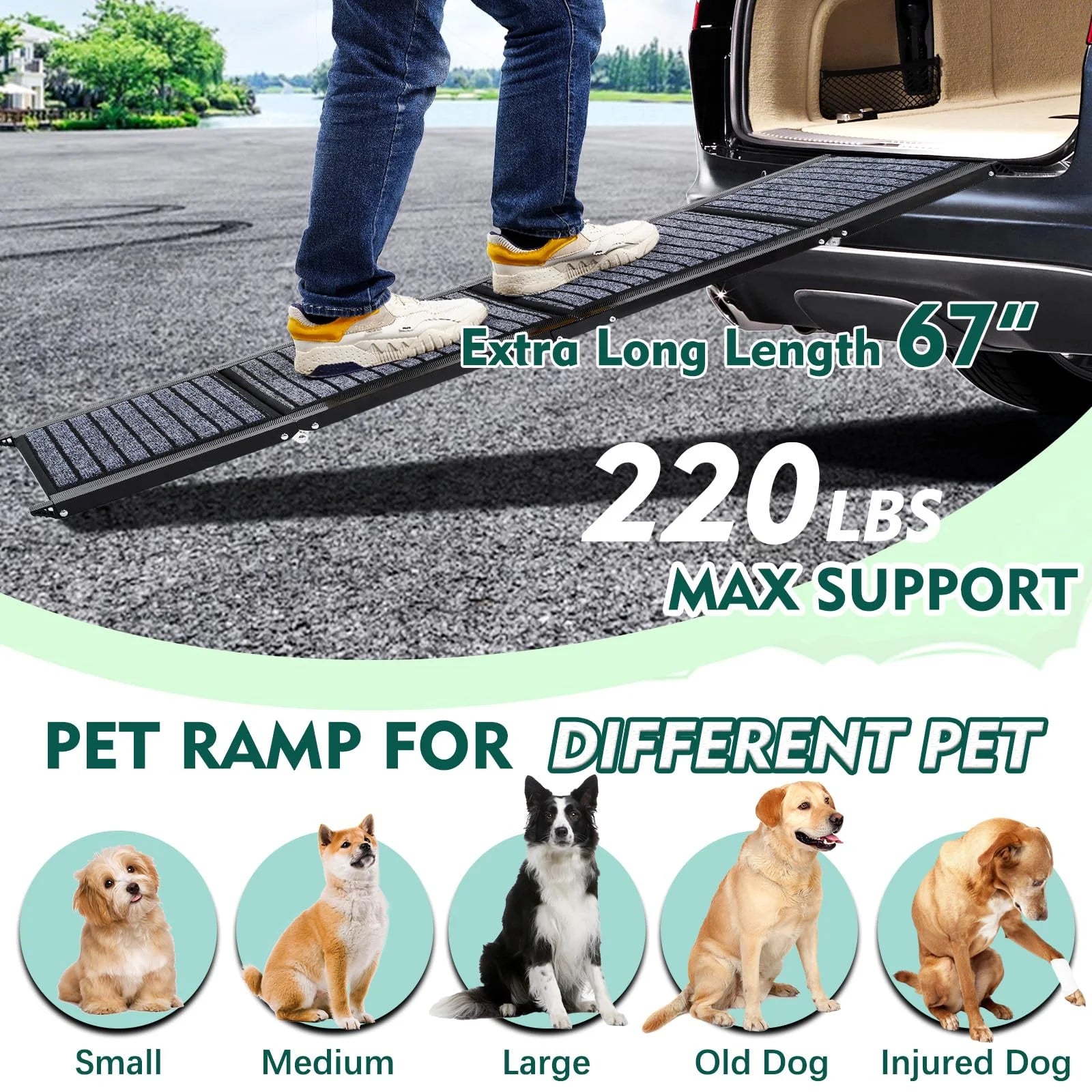 Furggis 67" Foldable Dog Ramps for Large Dogs, Dog Car Ramp with Non-Slip Rug Surface, Pet Ramp Stairs Portable,Dog Steps for Medium & Large Dogs up to 220 LBS Get into a Car, SUV & Truck