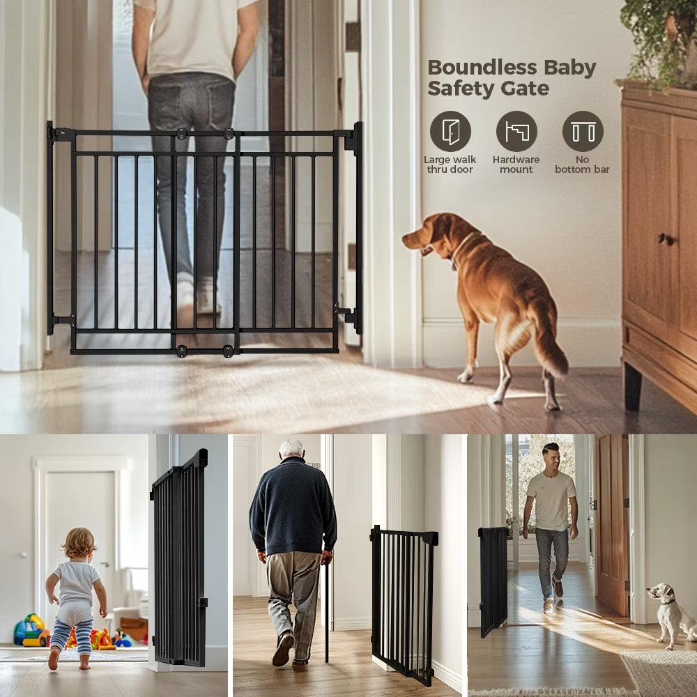 Pet Gate No Bottom Bar,  27.5-43" Pet Safety Gate for Stairs and Doorways, Black
