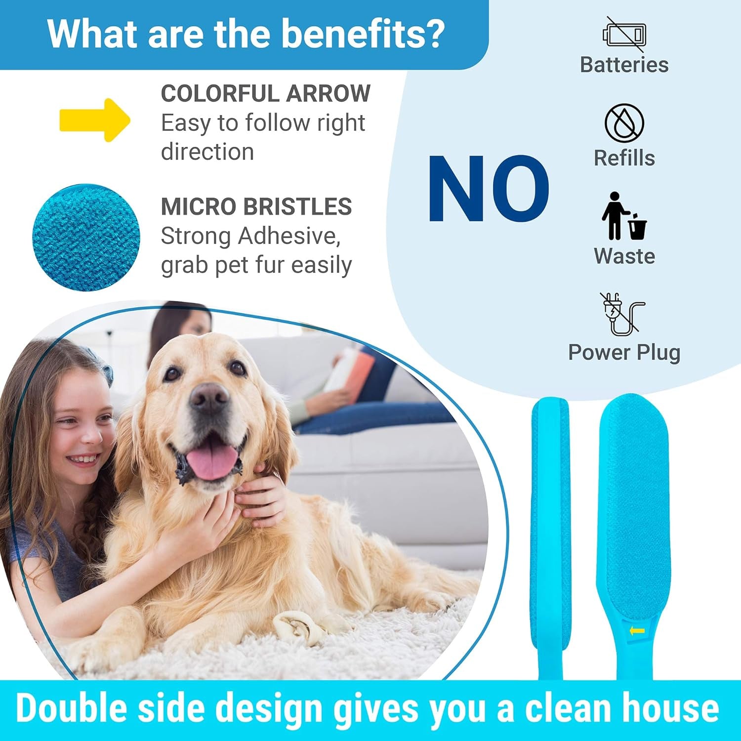 Pet Hair Remover, Reusable Pet Hair Remover, No Refill, No Waste, Double-Sided, Handheld Fur Brush Remover, Easy to Clean Hair, Best Hair Remover for Dog and Cat, Ze02, Blue