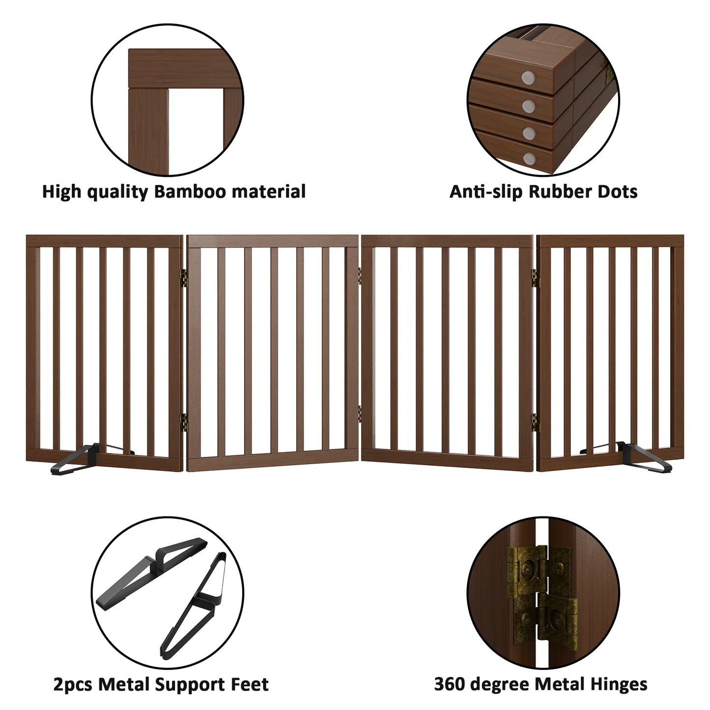 Bamboo Dog Gate Freestanding 4 Panel Pet Gate for Doorways, 2 Support Feet, Espresso