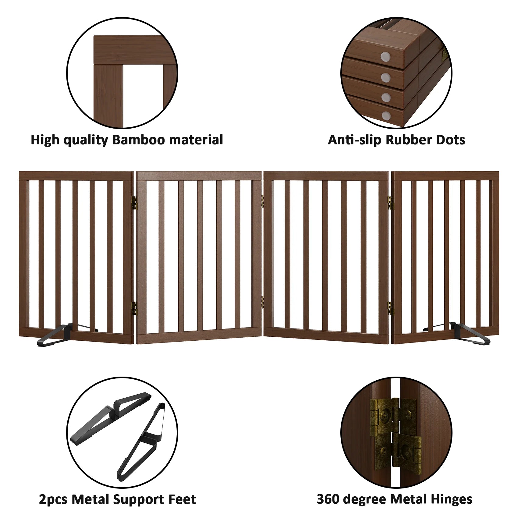 Bamboo Dog Gate Freestanding 4 Panel Pet Gate for Doorways, 2 Support Feet, Espresso