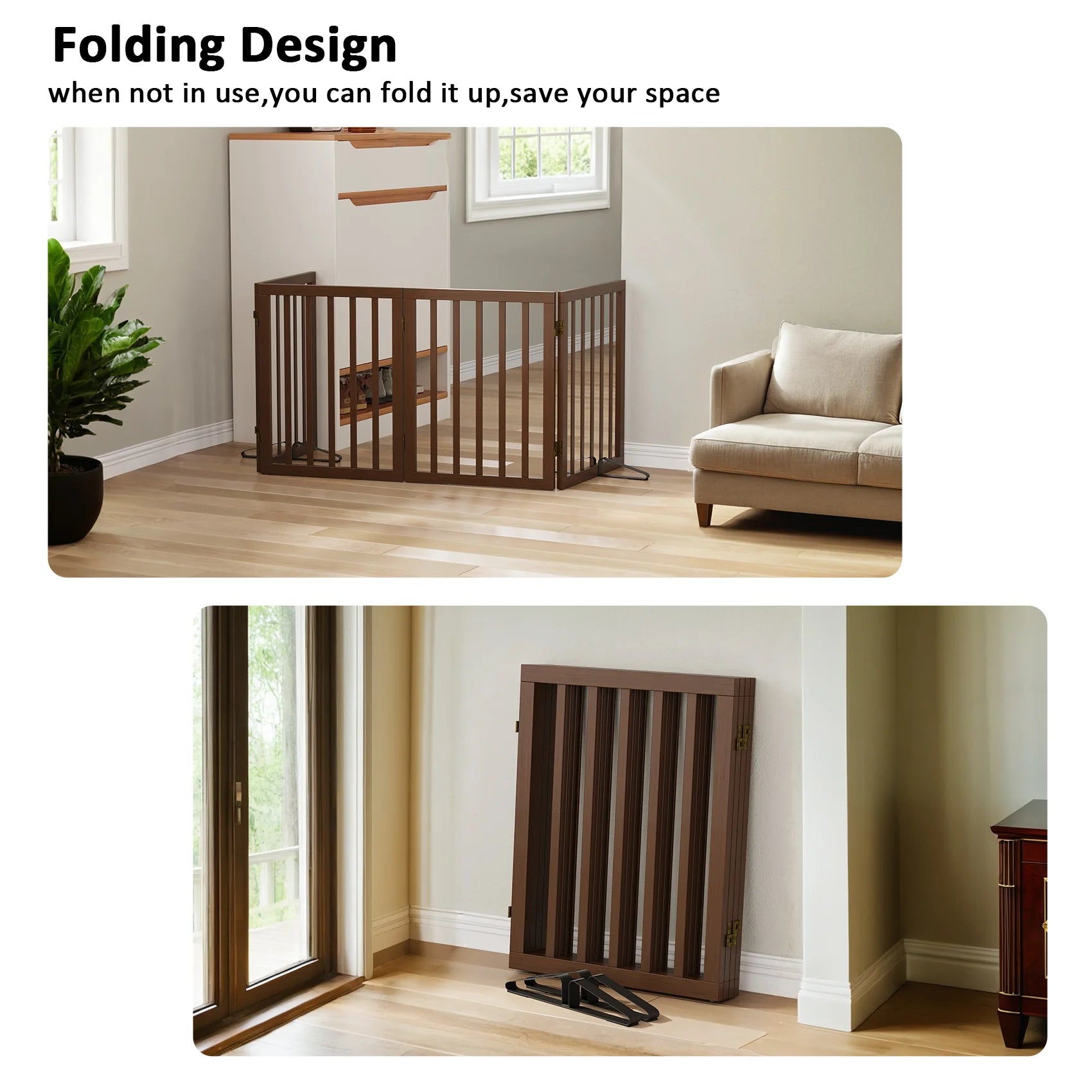 Bamboo Dog Gate Freestanding 4 Panel Pet Gate for Doorways, 2 Support Feet, Espresso