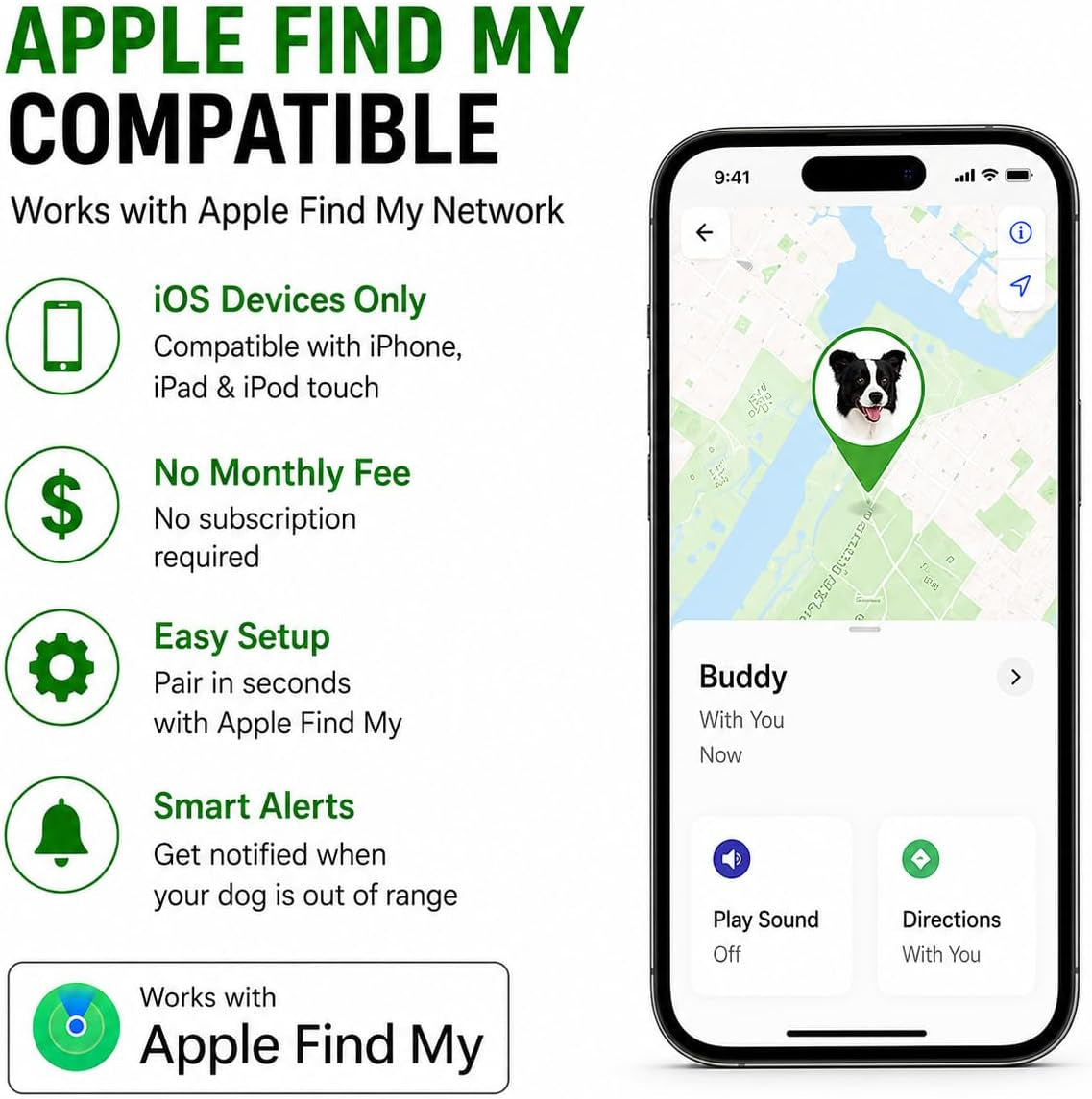 Pet Tracker,Gps Collar for Dogs (Ios Only) Smart Tag,Waterproof Compatible with Apple Find My,No Monthly Fee,Advanced Tracking Solution Smart Collar for Pet Safety Ideal Small Large Dogs