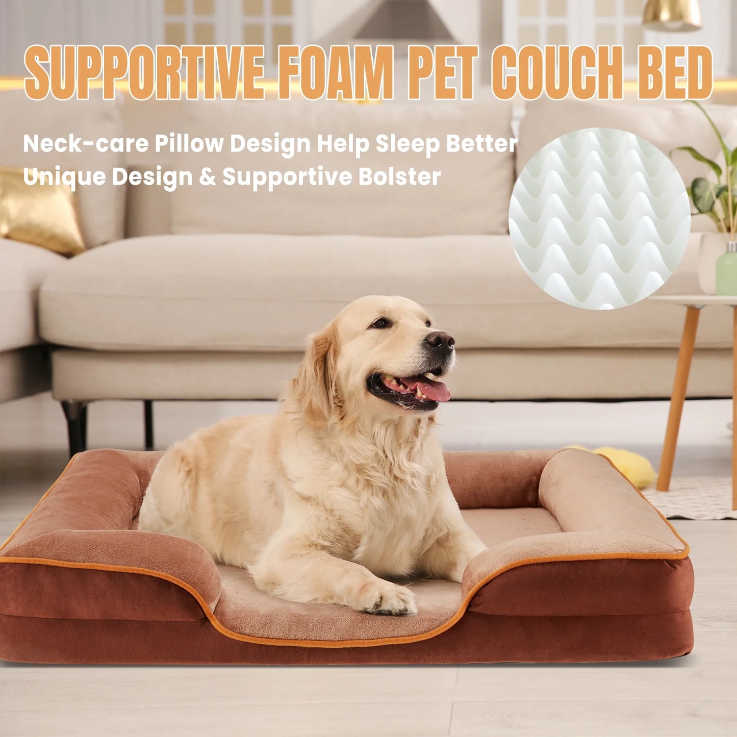 42"X32" Supportive Memory Foam Orthopedic Dog Bed, with Washable Removable Cover, Non-Slip Base, Waterproof, Brown