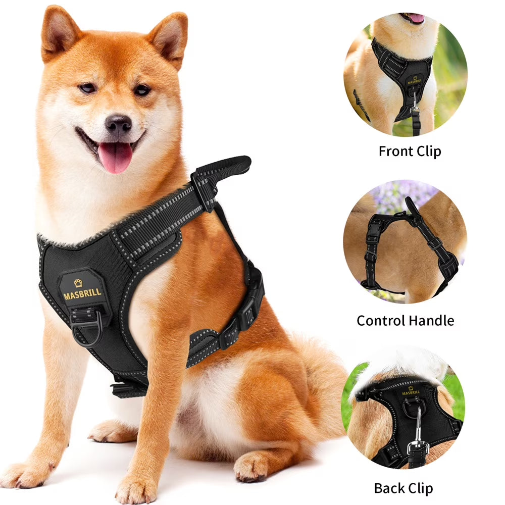 Reflective Dog Harness No Pull Dog Vest Harness with Handle, Breathable Padded Dog Chest Harness Adjustable for Medium Dog-Black M