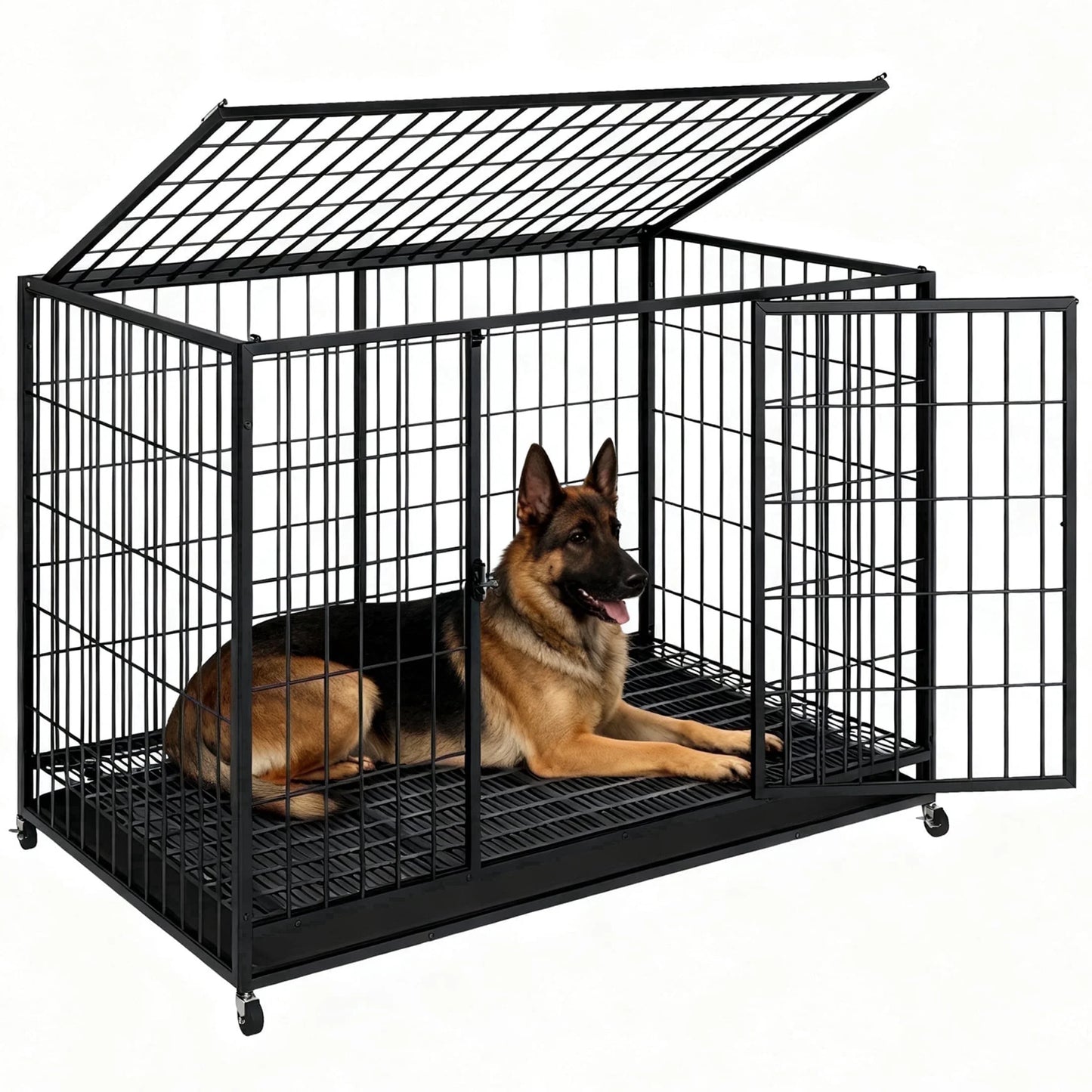 48 Inch Heavy Duty Metal Dog Crate for Large Dogs with Removabletray, Double Door, Extra Large Dog Kennel for Yard Indoor Outdoor