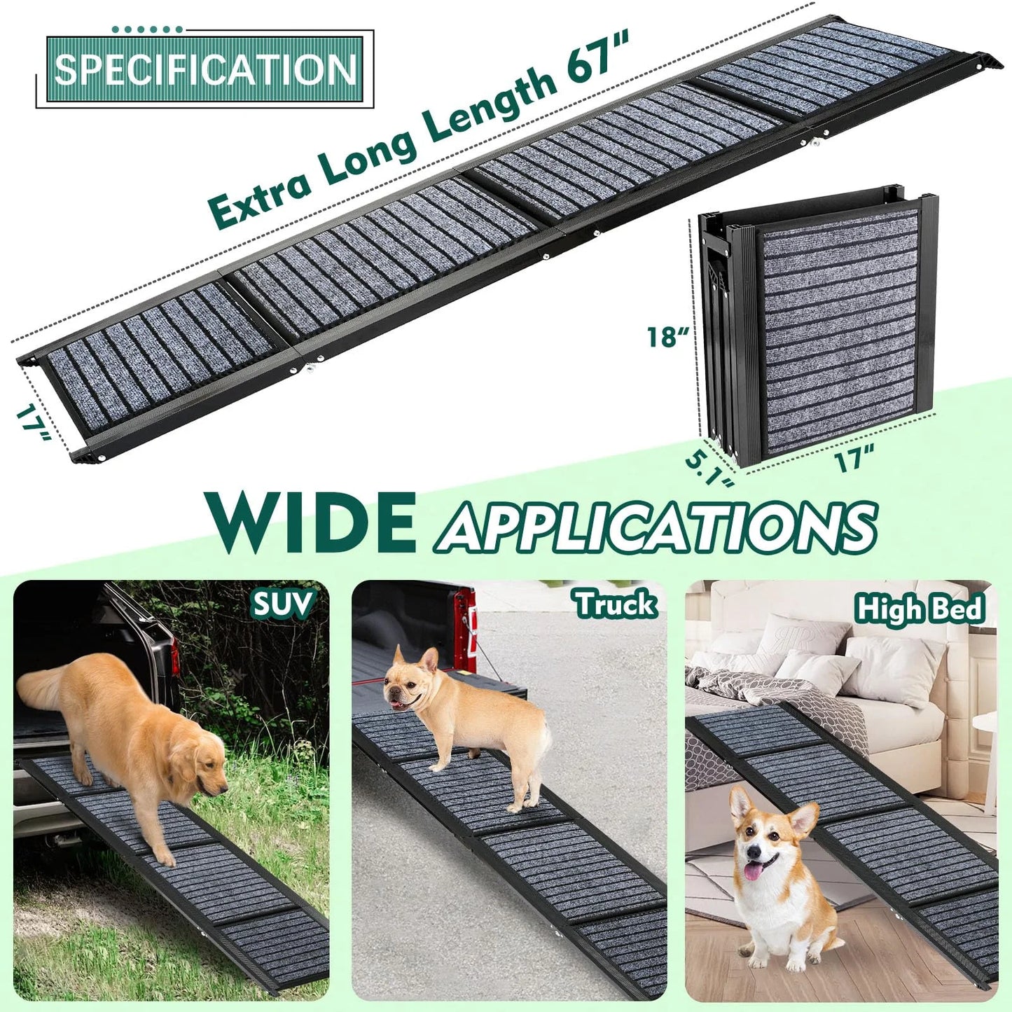 Furggis 67" Foldable Dog Ramps for Large Dogs, Dog Car Ramp with Non-Slip Rug Surface, Pet Ramp Stairs Portable,Dog Steps for Medium & Large Dogs up to 220 LBS Get into a Car, SUV & Truck