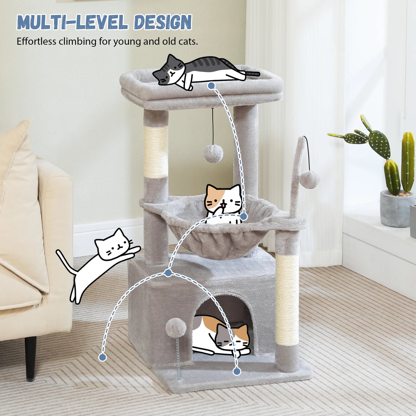 Cat Tree 33" Cat Scratching Posts Tower with Large Top Perch and Hammock for Medium Indoor Cats, Gray
