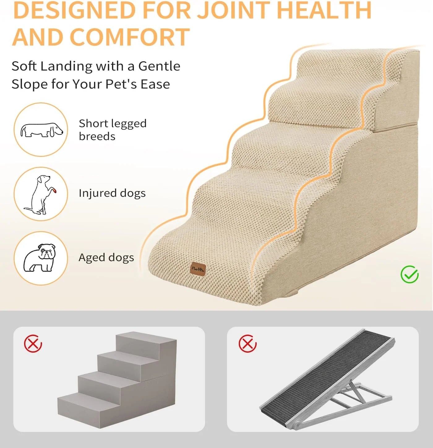 Dog Stairs Ramp for Bed, 4-Step Dog Steps for High Bed Couch Sofa Climbing, Beige