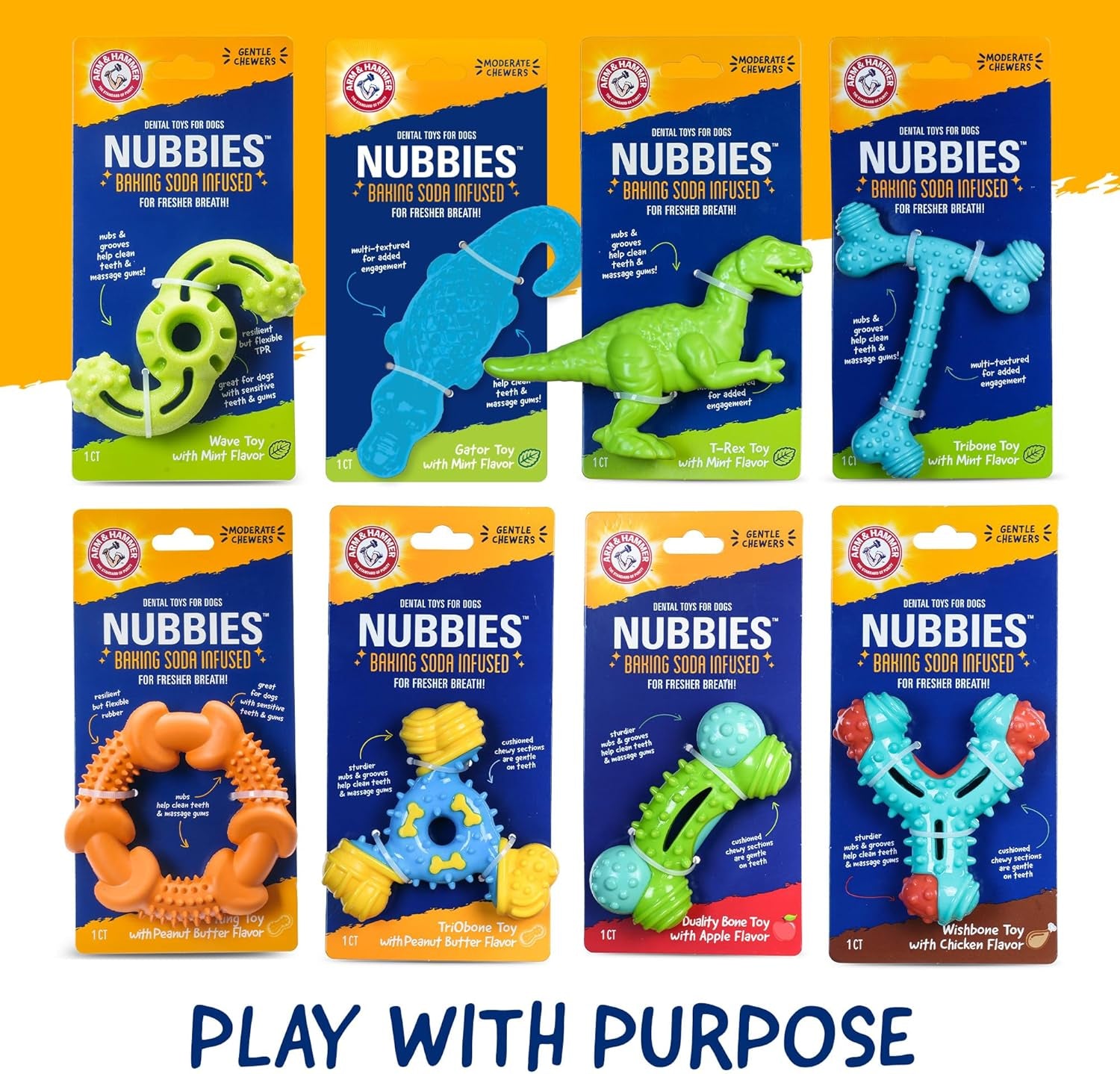 Nubbies Denta-Saurus T-Rex Dog Dental Chew Toy, Mint Flavor, for Moderate Chewers, Nylon, Reduces Plaque and Tartar without Brushing, Baking Soda Infused - 24 Pack