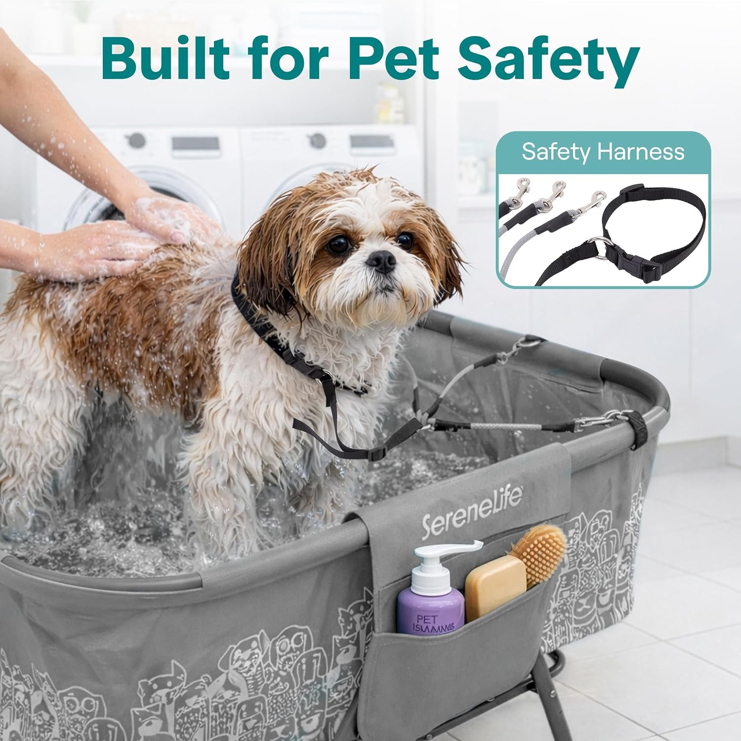 Foldable Dog Bath Tub with Adjustable Height, 360° Access, Drain Hose & Storage Pockets – 130 Lb Capacity Grooming Station for Indoor/Outdoor Use (Gray)
