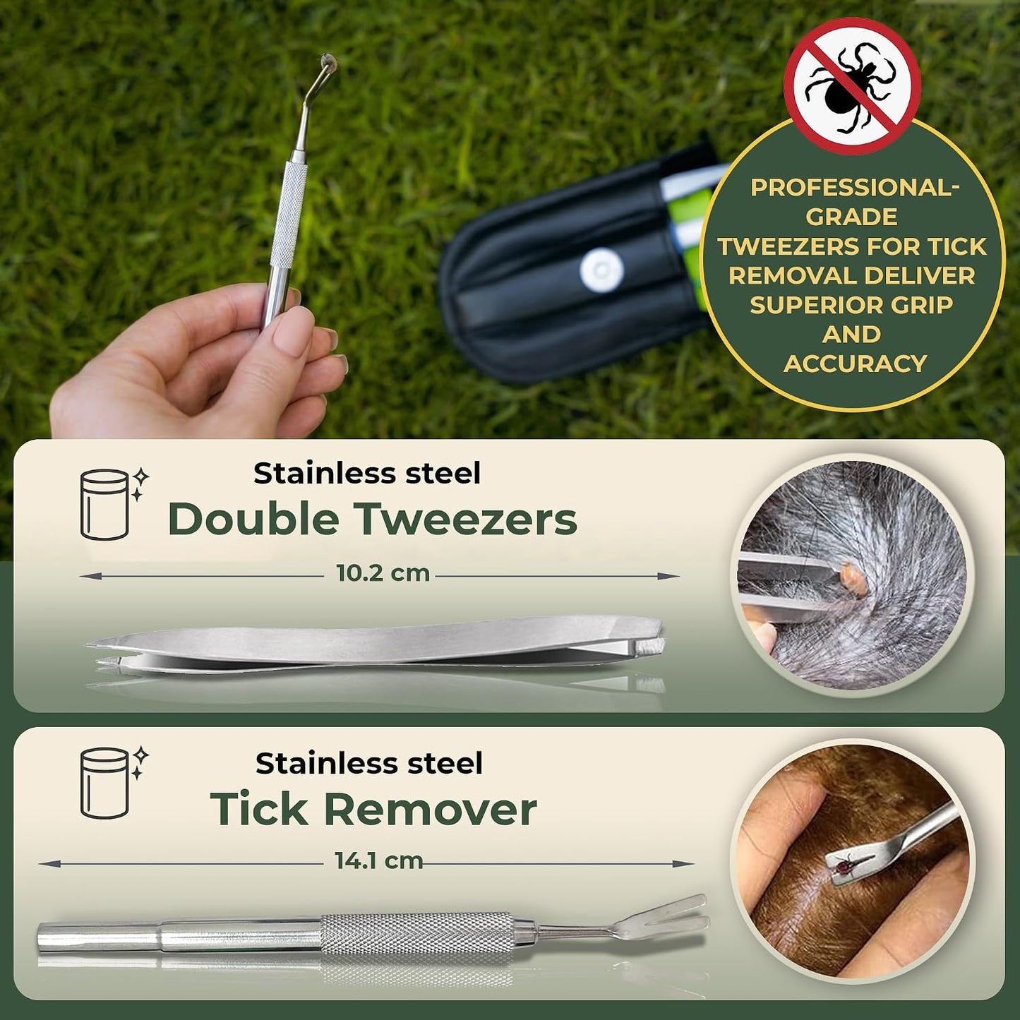 6-In-1 Tick Remover Kit – Tick Removal Tool Set with Stainless Steel Tick Tweezers, Tick Card, Hooks & Leather Case – Tick Remover for Dogs, Cats & Humans