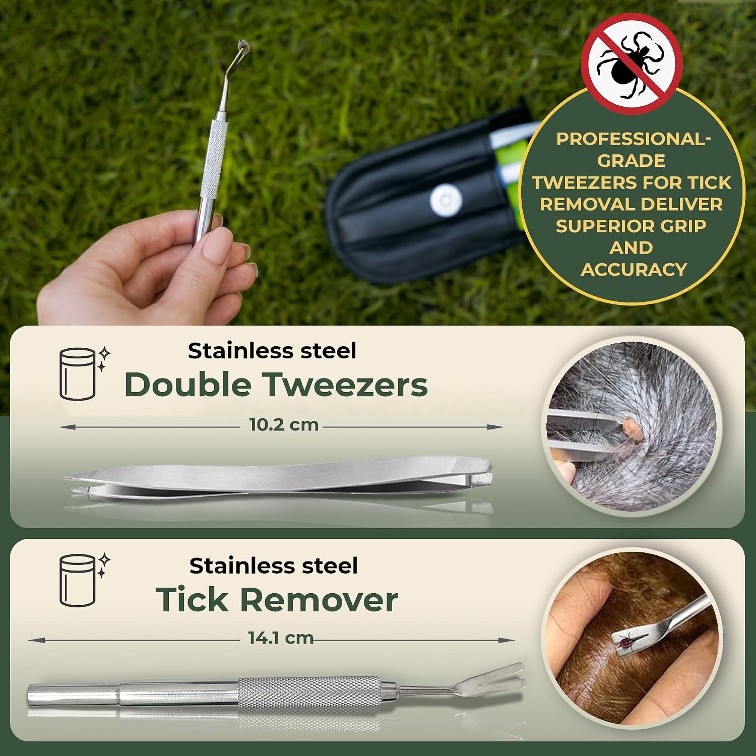6-In-1 Tick Remover Kit – Tick Removal Tool Set with Stainless Steel Tick Tweezers, Tick Card, Hooks & Leather Case – Tick Remover for Dogs, Cats & Humans