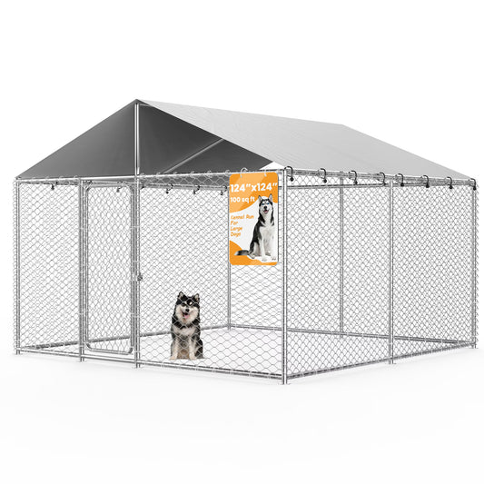 10X10Ft Outdoor Dog Kennel outside with Metal Large Dog Gate, Outdoor Dog Pens with Roof, Heavy Duty Dog Kennel for Backyard Farm Use
