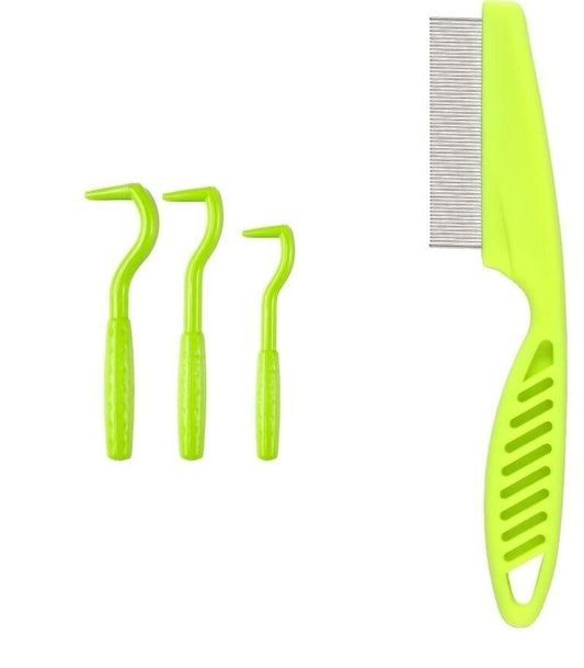 Tick Removal Tool + Flea Comb for Pets Tick Remover for Dogs Cats 4 Pc Set