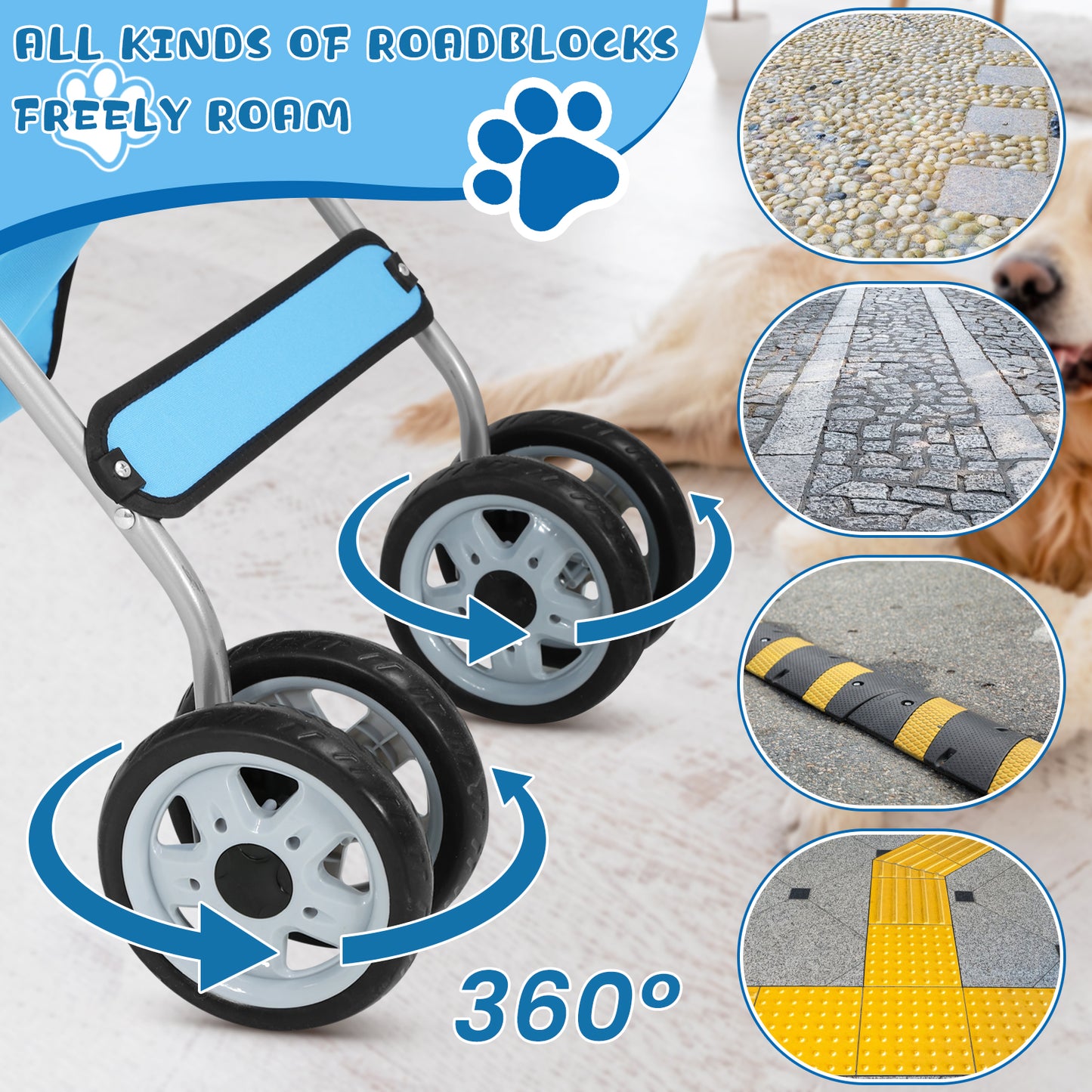 4 Wheels Pet Stroller Folding Cat Dog Stroller Travel Carrier with Cup Holder & Storage Basket, Blue