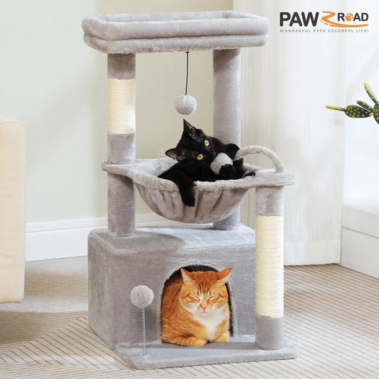 Cat Tree 33" Cat Scratching Posts Tower with Large Top Perch and Hammock for Medium Indoor Cats, Gray