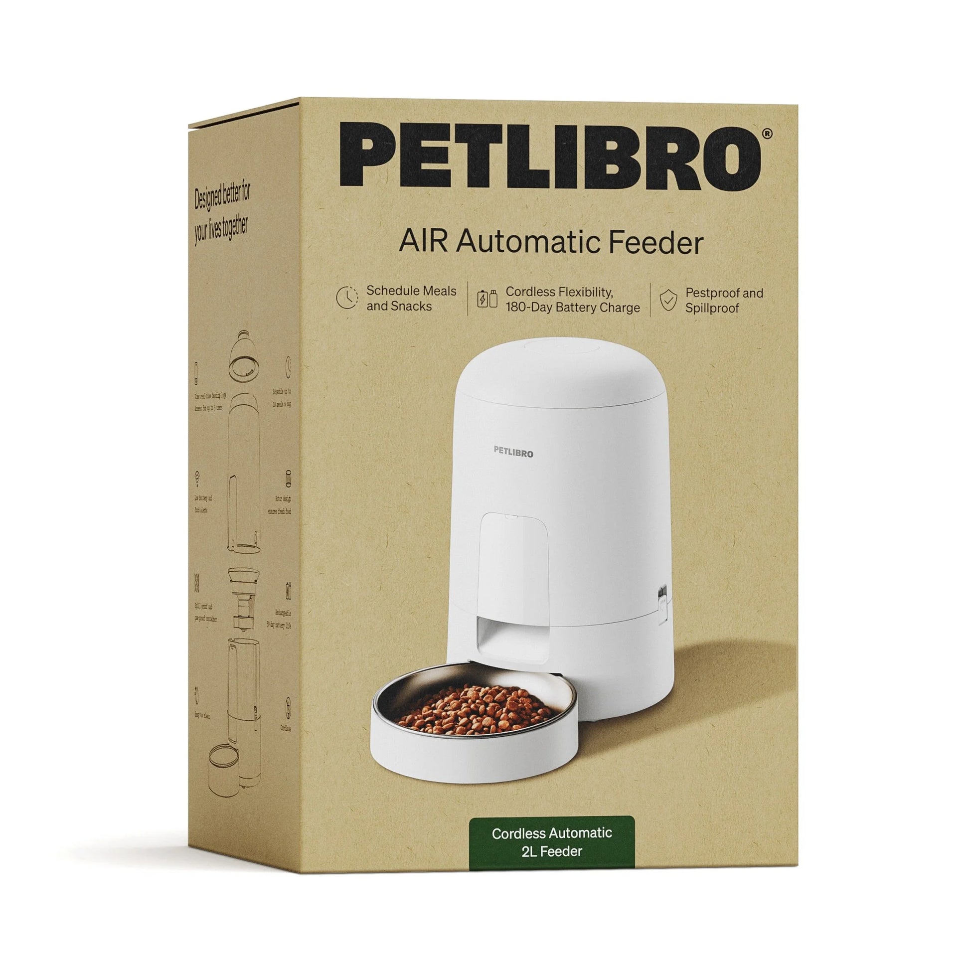 2L Air Automatic Cat Feeder, Battery-Operated Food Dispenser with 180-Day Battery Life, AIR Timed Feeder for Cats & Dogs, White