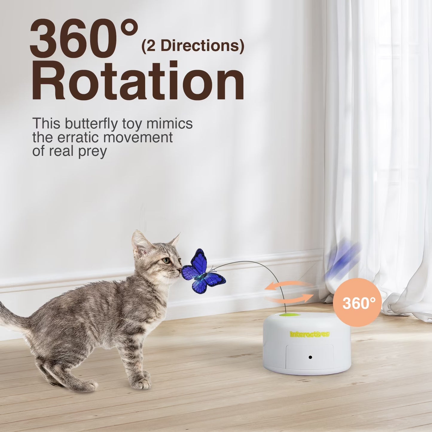 Interactive Cat Butterfly Toy with Motion Sensor, Kitty Flutter Bug Toy Includes One Butterfly Replacement
