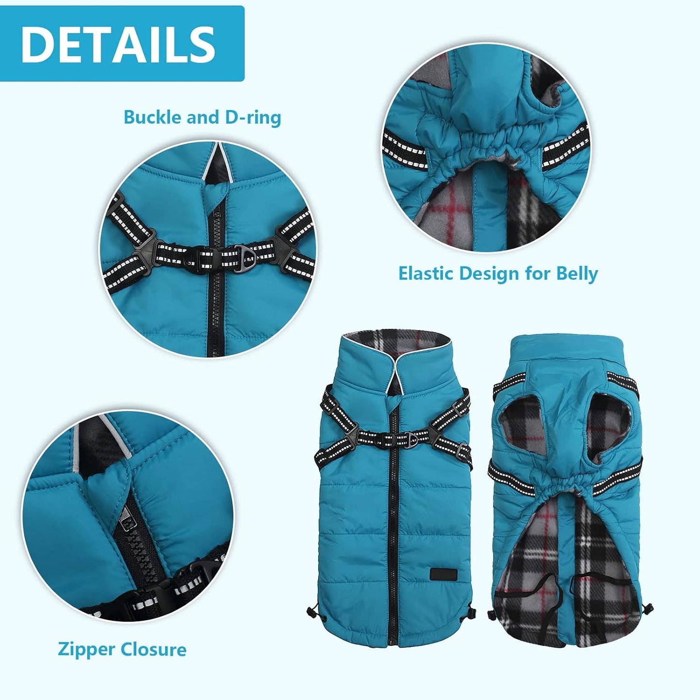 Winter Warm Coat Waterproof Dog Winter Jacket with Harness Traction Belt,Pet Outdoor Jacket Dog Autumn and Winter Clothes for Medium, Small Dog-Blue-Xxl