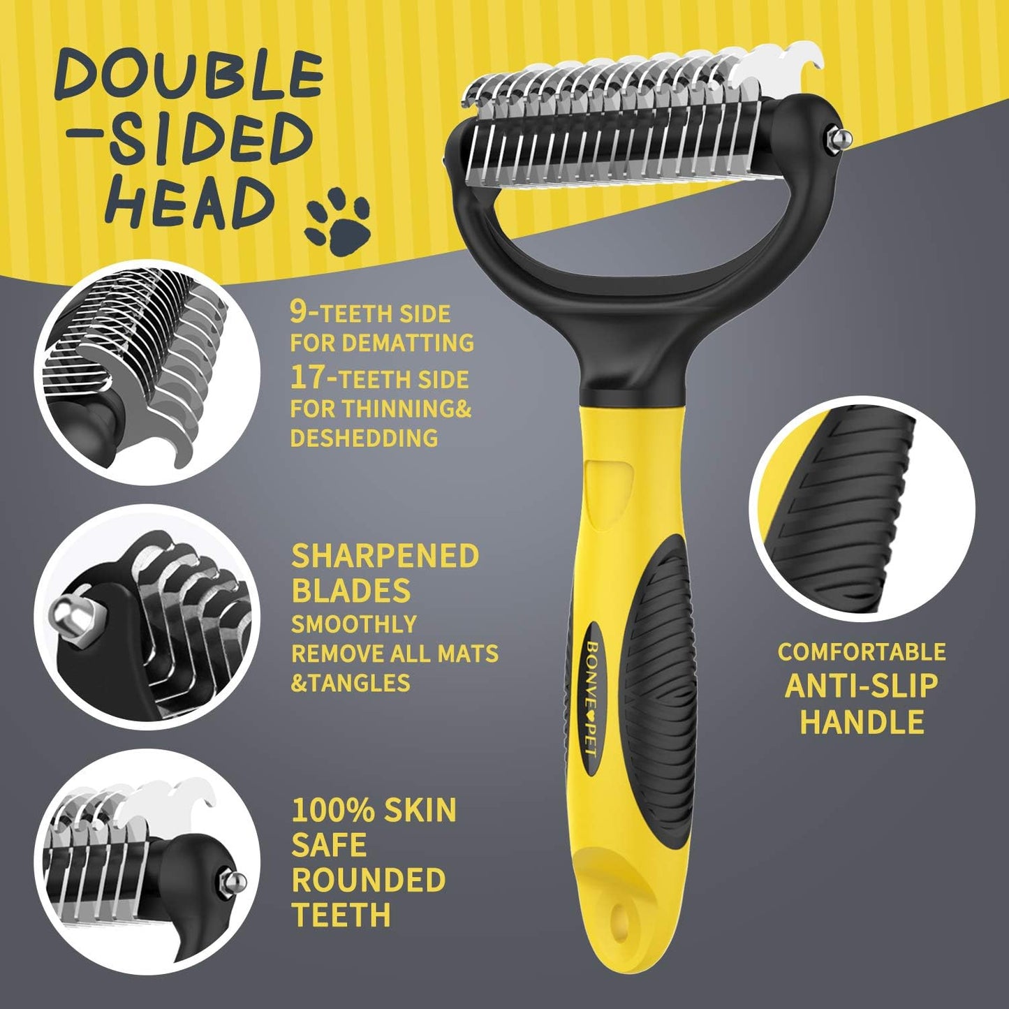 Brush Dog Brush - Double Sided Undercoat Rake for Dogs and Cats, Safe and Gently Dog Brush for Shedding and Dematting, Shedding Comb for Mats & Pet Dematting Tool for Grooming-Yellow