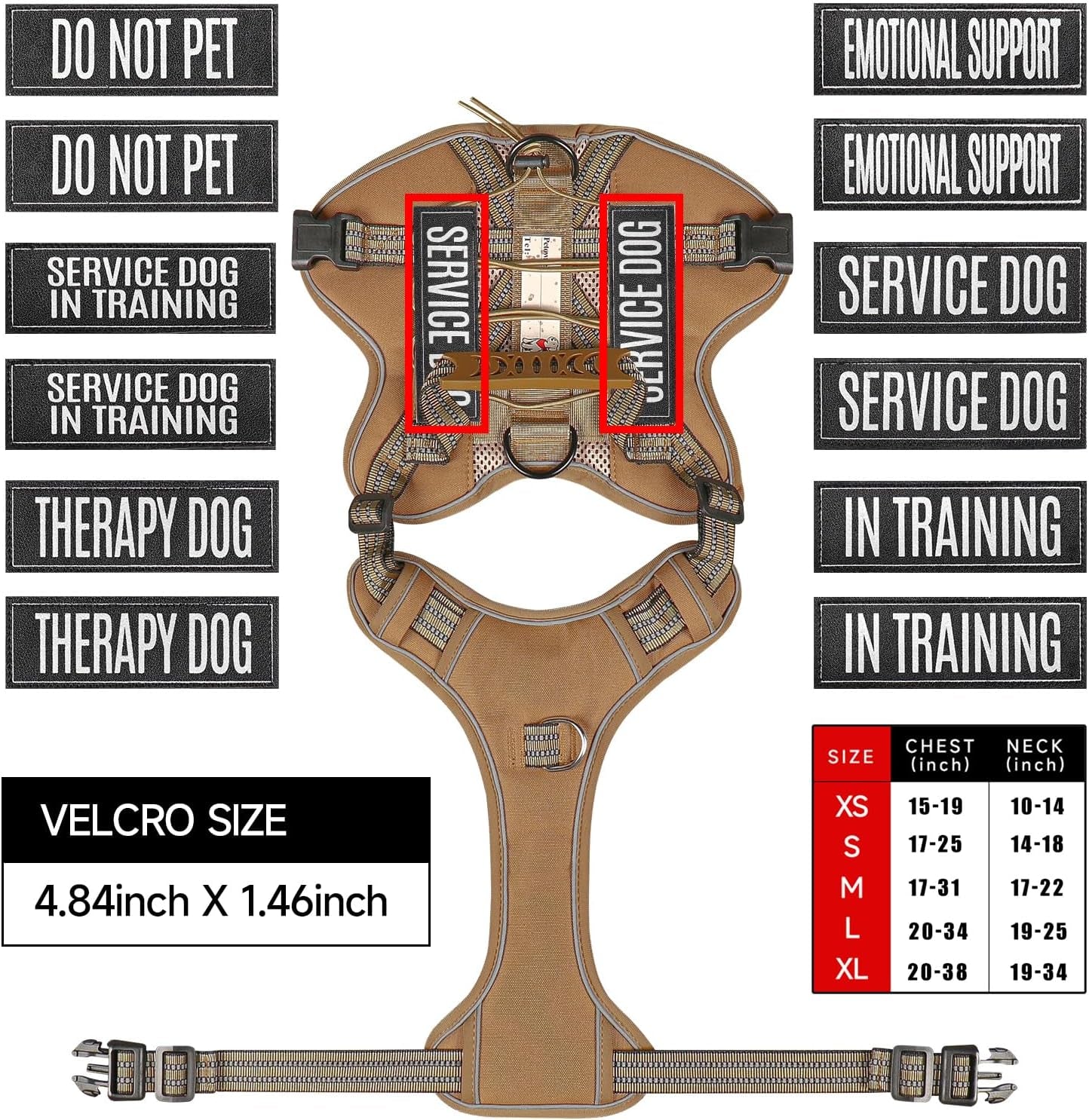 Service Dog Tactical Vest Harness and Leash Set Medium Sized Dog Emotional Support- Tactical Dog Harness Training Collar with Name (Khaki, M)