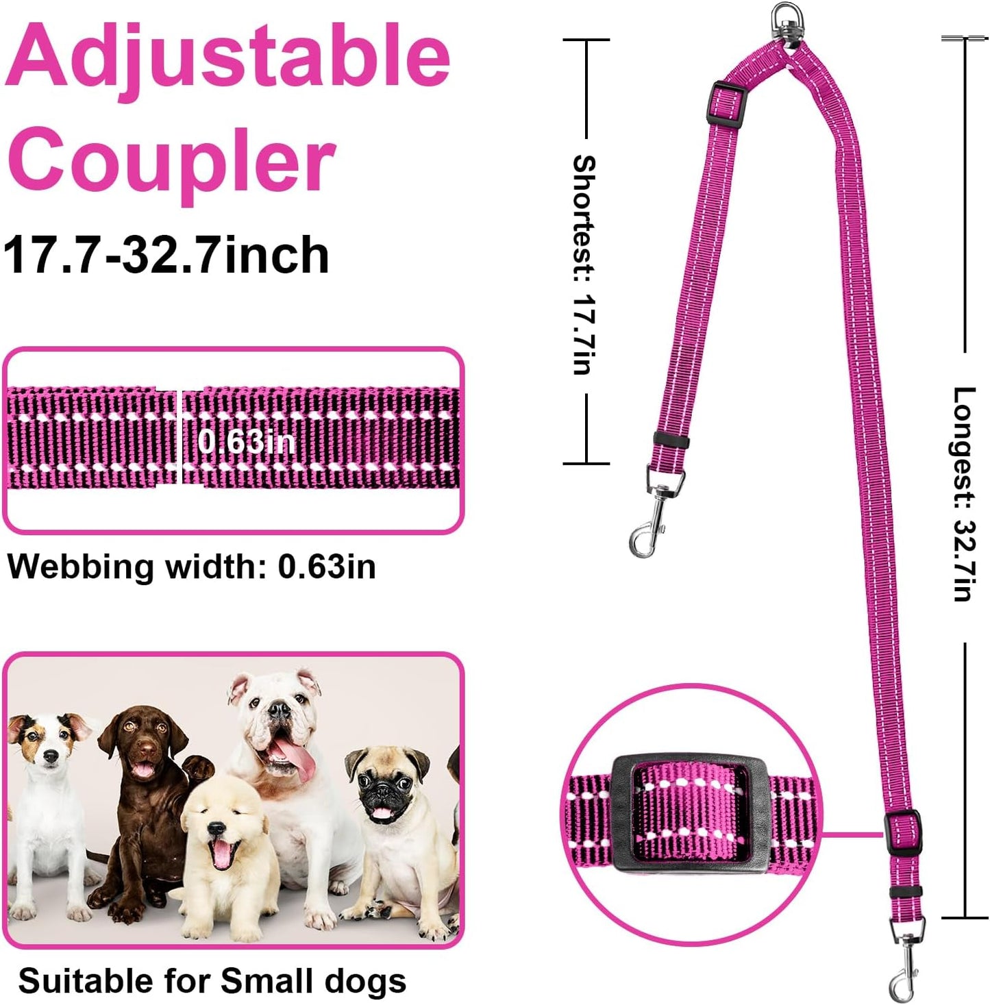 Mingxpet Double Dog Leash for Two Dogs, No Pull Dog Leash, 360° Swivel No Tangle for Small Dogs Walking & Training, Shock Absorbing Reflective Bungee, Rose