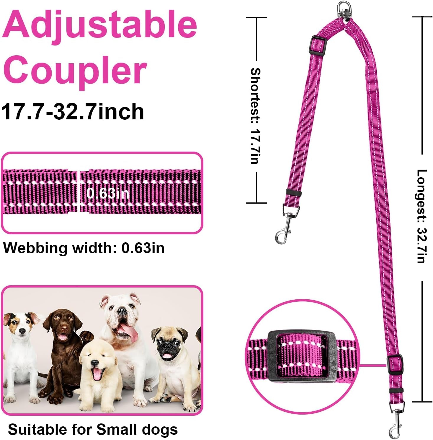 Mingxpet Double Dog Leash for Two Dogs, No Pull Dog Leash, 360° Swivel No Tangle for Small Dogs Walking & Training, Shock Absorbing Reflective Bungee, Rose