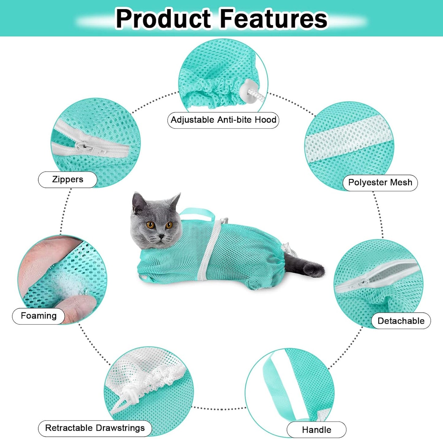 10 PCS Cat Washing Bag for Bath Shower Adjustable Net Grooming Set | Pet Brush Nail Clipper File, Hair Combs Tick Tool, Nail Caps, Bathing Trimming Examination, Pink and Green