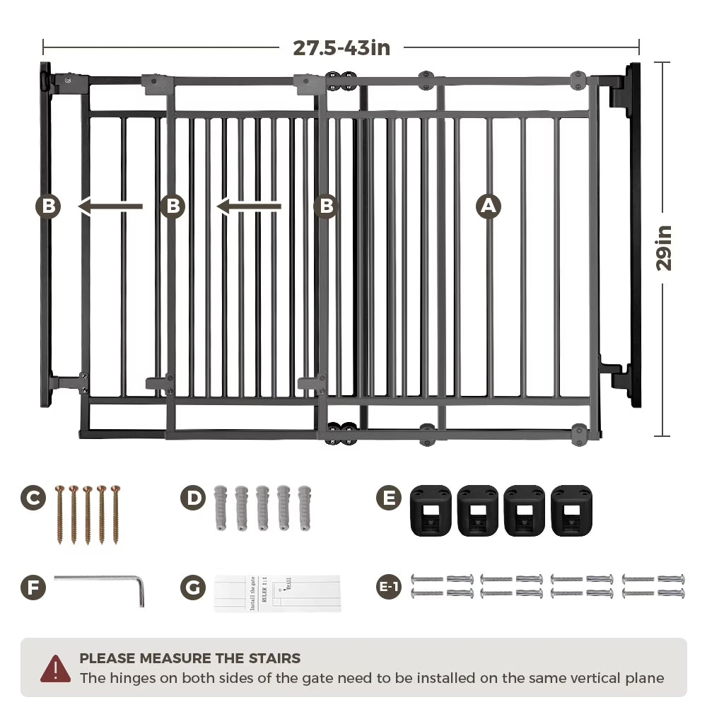 Pet Gate No Bottom Bar,  27.5-43" Pet Safety Gate for Stairs and Doorways, Black