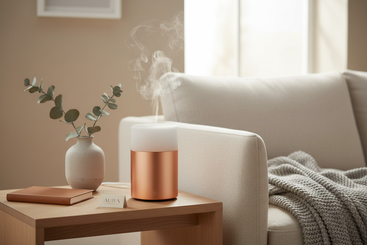 A serene, premium lifestyle scene featuring a modern essential oil diffuser gently releasing a soft stream of mist in a calm, minimalist living space. The diffuser is placed on a clean wooden side table or shelf beside a sofa, styled with subtle wellness elements such as a neutral ceramic vase, a soft throw, or a closed book.
D2C home comfort and wellness brand aesthetic, high perceived value, lifestyle-focused composition rather than product-only. 