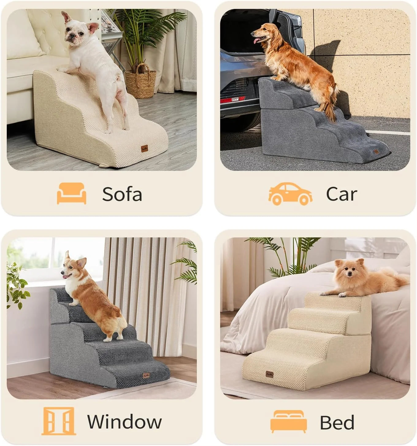 Dog Stairs Ramp for Bed, 4-Step Dog Steps for High Bed Couch Sofa Climbing, Beige