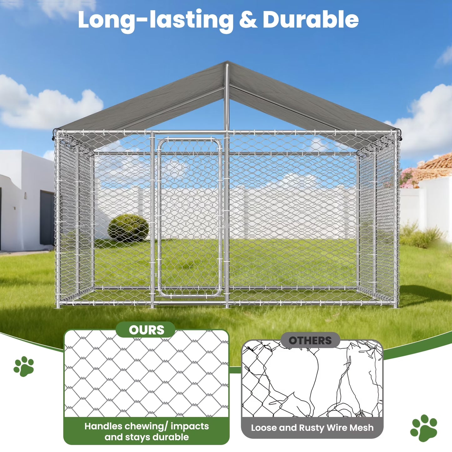 10X10Ft Outdoor Dog Kennel outside with Metal Large Dog Gate, Outdoor Dog Pens with Roof, Heavy Duty Dog Kennel for Backyard Farm Use