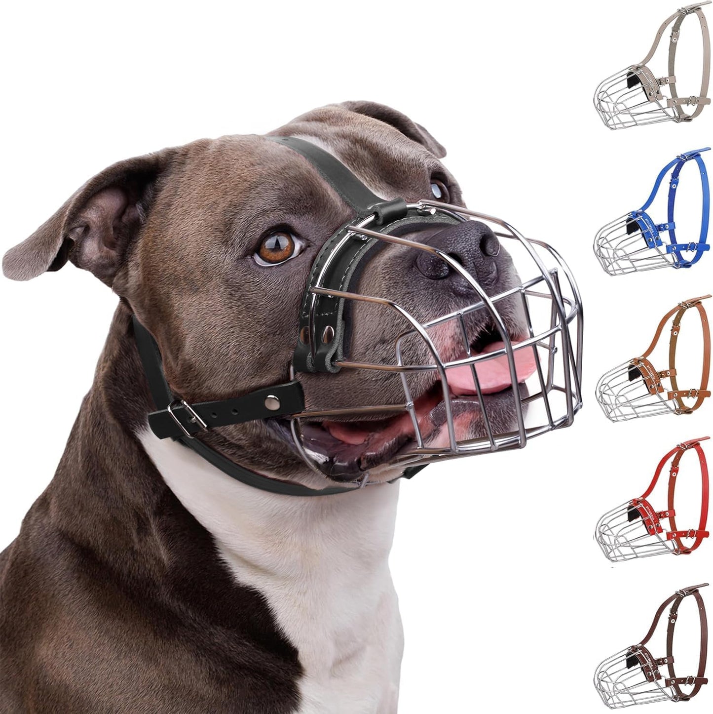 Pitbull Dog Muzzle Breathable Metal Basket for Large Dogs Amstaff Staffordshire Terrier Biting Chewing Barking (Leather, Black)